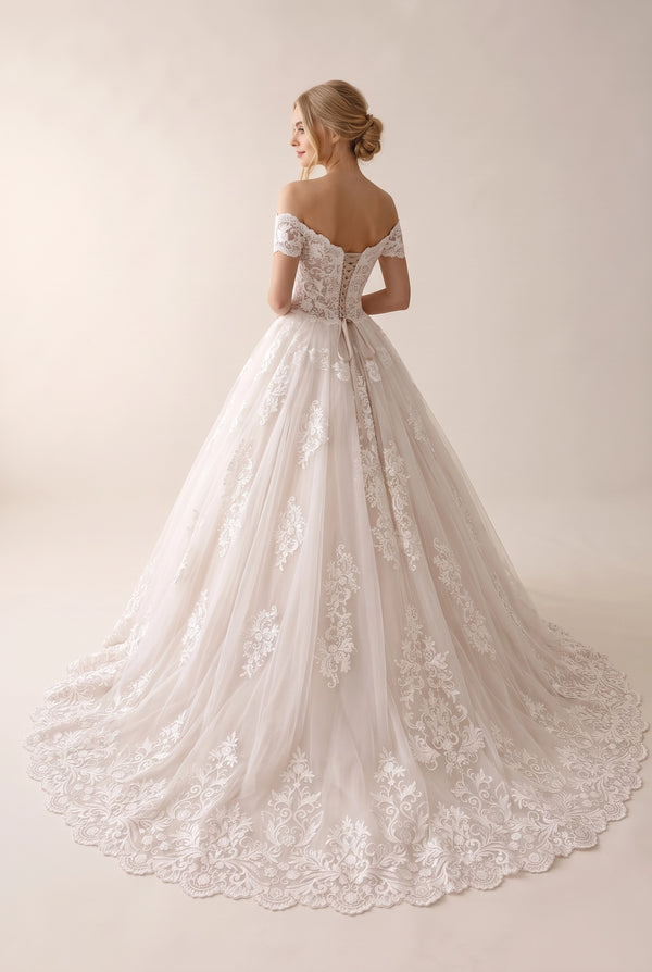 Ivory-Rose Off-the-Shoulder Lace and Tulle Wedding Ball Gown with Scalloped Train