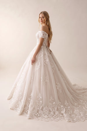 Ivory-Rose Off-the-Shoulder Lace and Tulle Wedding Ball Gown with Scalloped Train