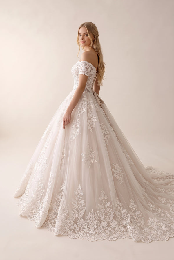 Ivory-Rose Off-the-Shoulder Lace and Tulle Wedding Ball Gown with Scalloped Train