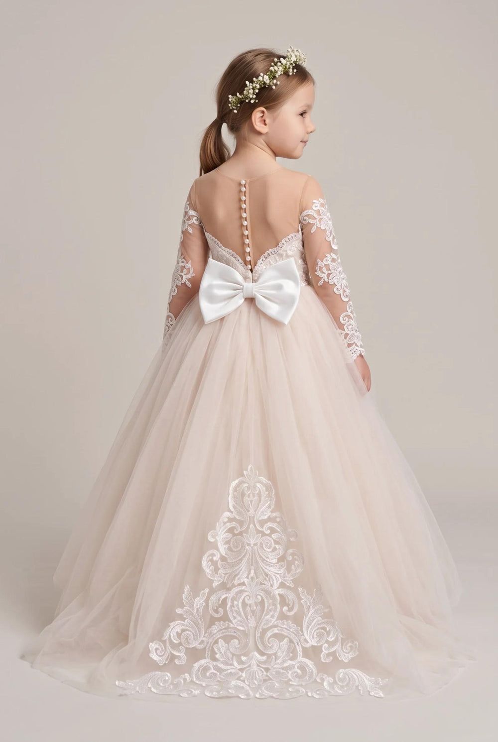 Ivory-Pearl Pink Bow-Back Long-Sleeve Lace and Tulle Ball Gown Flower Girl Dress