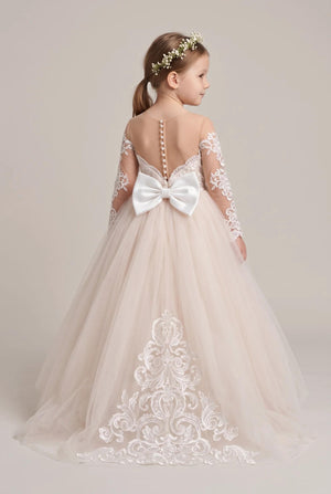 Ivory-Pearl Pink Bow-Back Long-Sleeve Lace and Tulle Ball Gown Flower Girl Dress