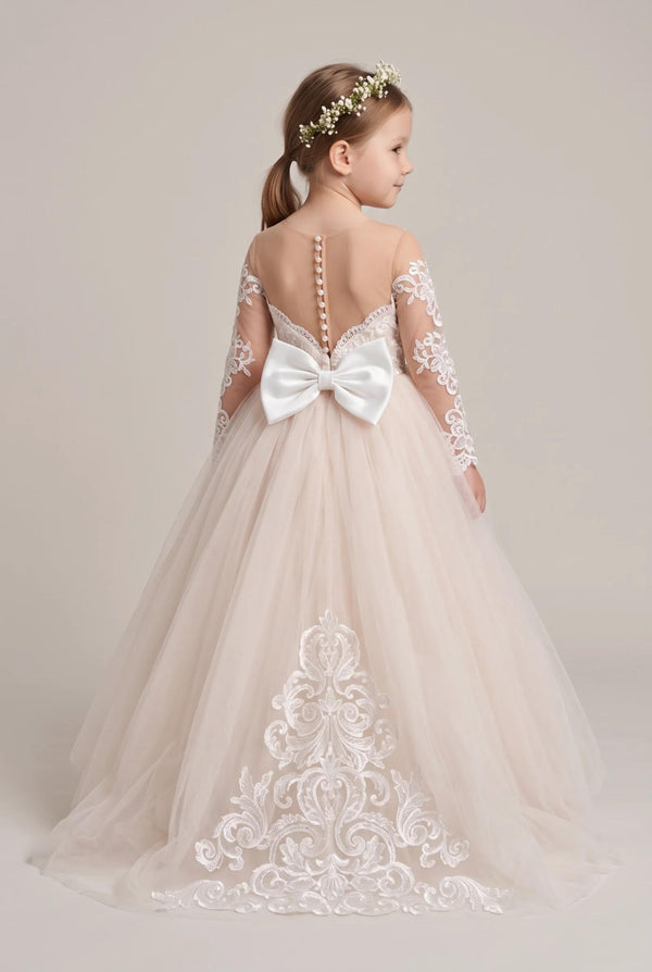 Ivory-Pearl Pink Bow-Back Long-Sleeve Lace and Tulle Ball Gown Flower Girl Dress