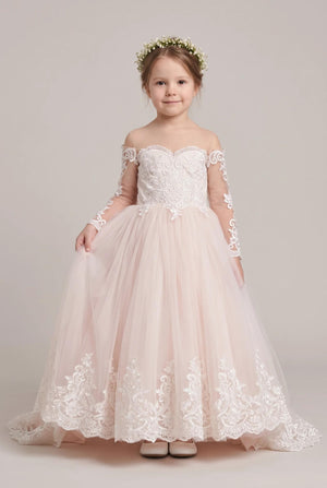 Ivory-Pearl Pink Bow-Back Long-Sleeve Lace and Tulle Ball Gown Flower Girl Dress