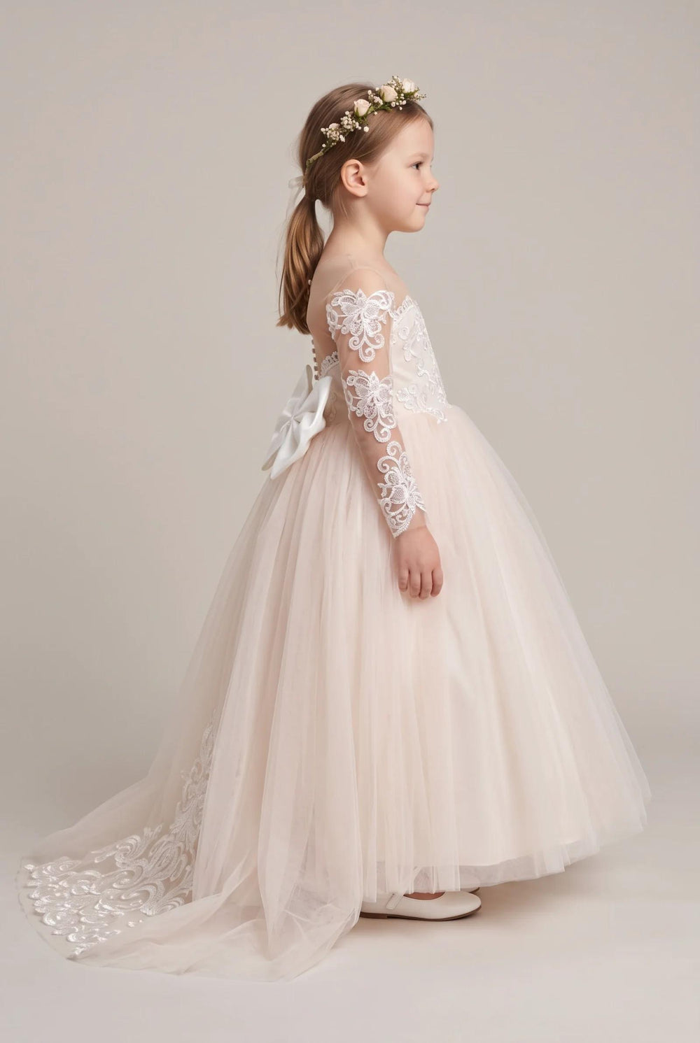 Ivory-Pearl Pink Bow-Back Long-Sleeve Lace and Tulle Ball Gown Flower Girl Dress