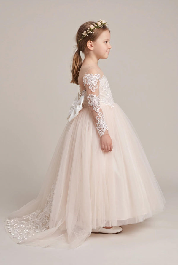 Ivory-Pearl Pink Bow-Back Long-Sleeve Lace and Tulle Ball Gown Flower Girl Dress