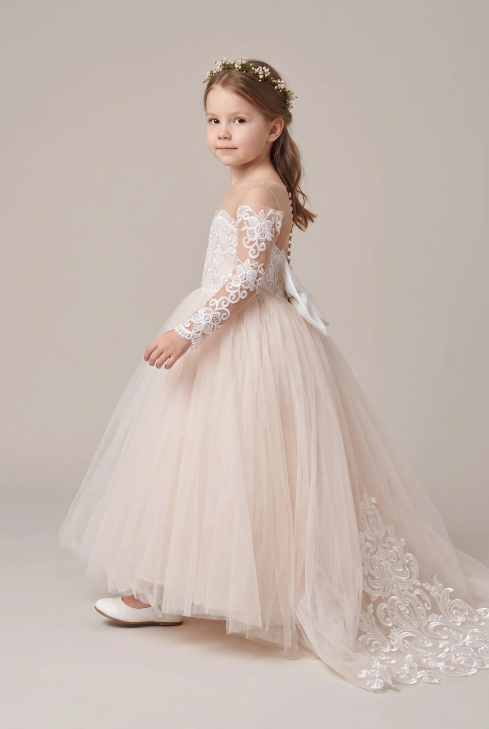Ivory-Pearl Pink Bow-Back Long-Sleeve Lace and Tulle Ball Gown Flower Girl Dress