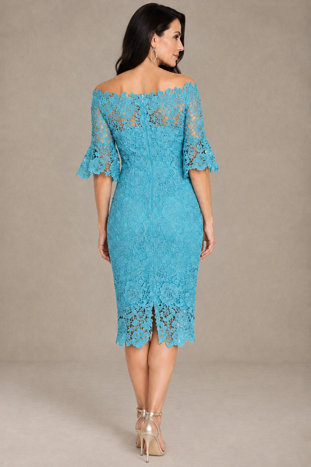 Blue Off-the-Shoulder Lace Mother of the Bride Dress with Bell Sleeves