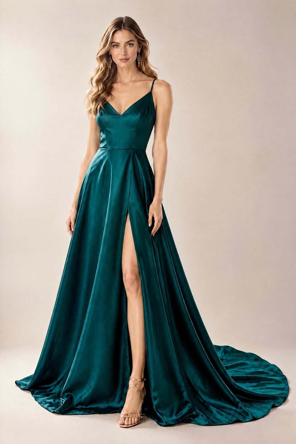 Dark Green V-Neck Stretch Satin A-Line Prom Dress with High Slit