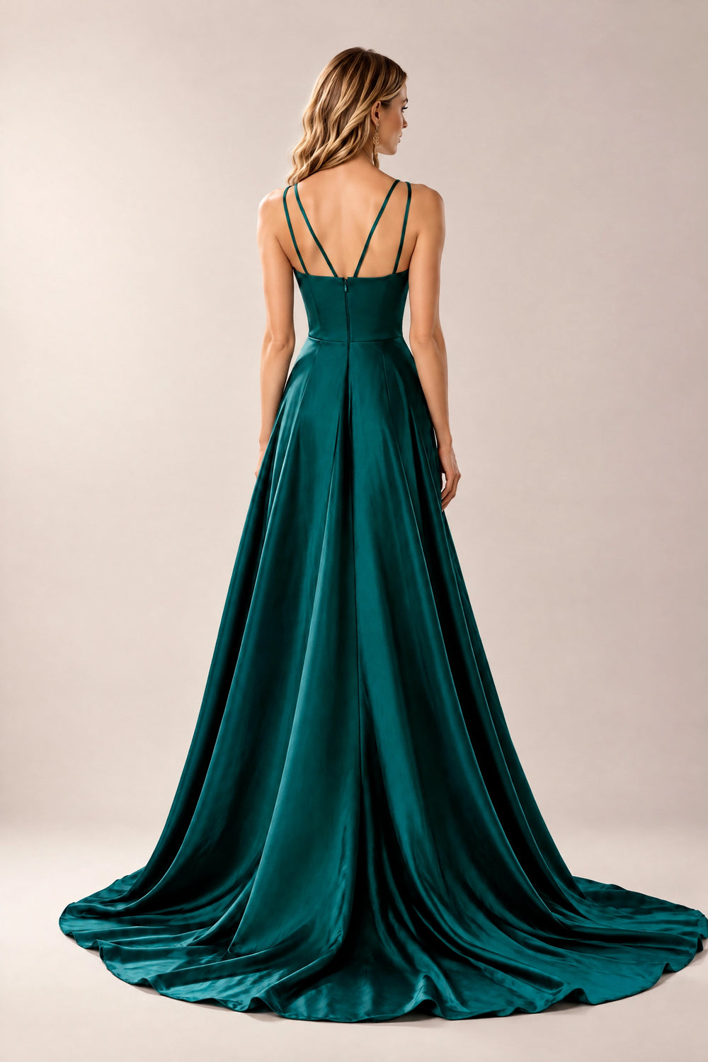 Dark Green V-Neck Stretch Satin A-Line Prom Dress with High Slit