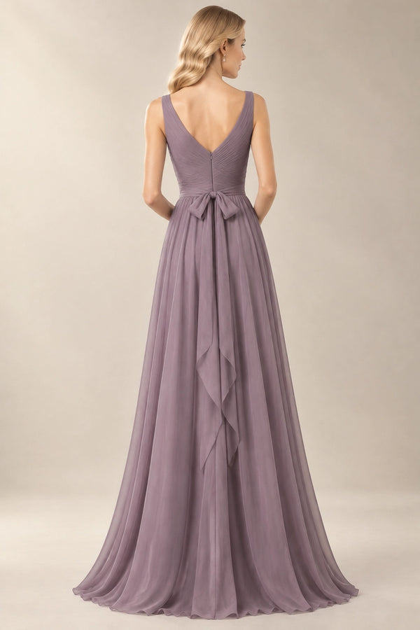 Dusk Bow-Back Ruched Chiffon A-Line Bridesmaid Dress