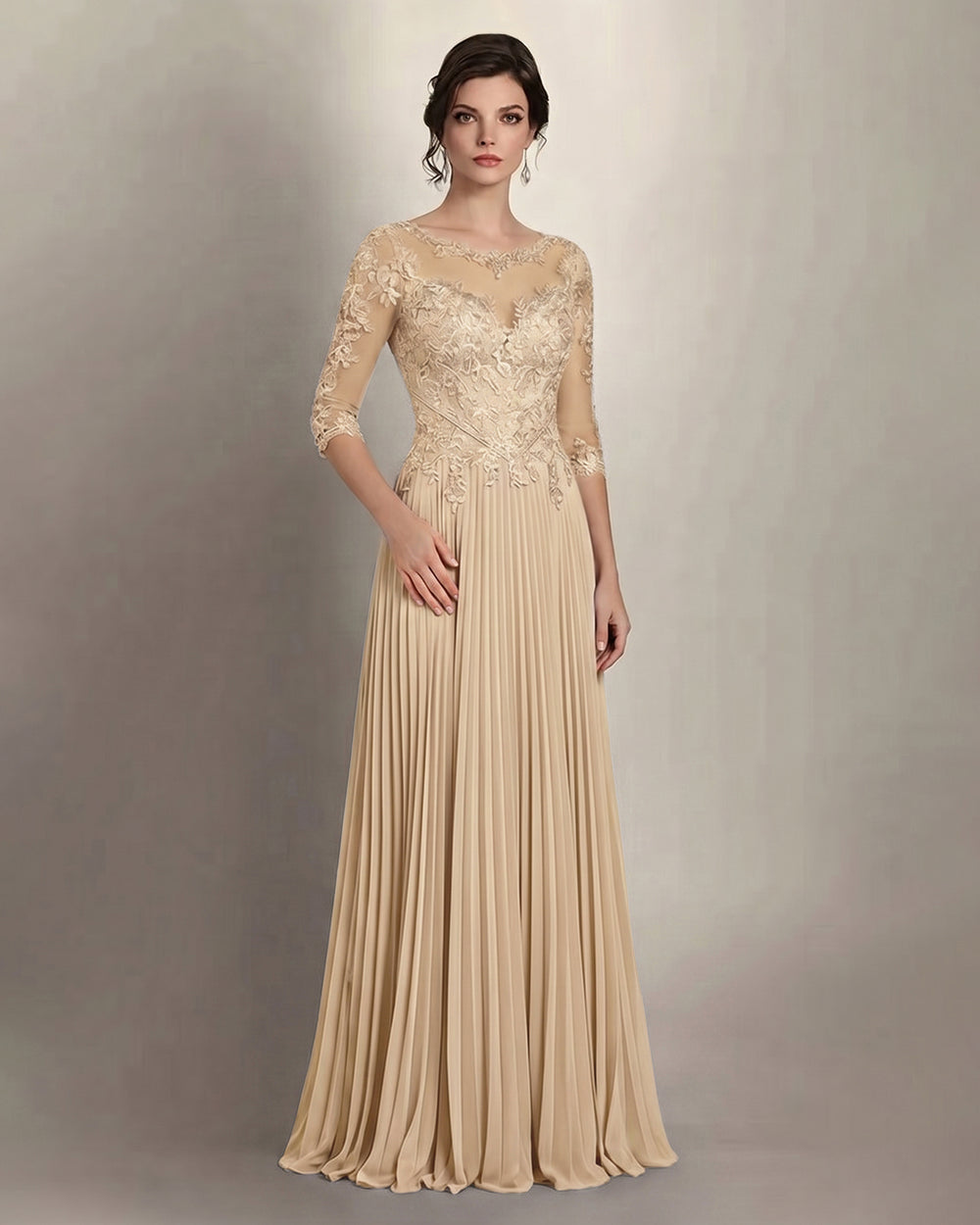 Champagne 3/4-Sleeve Lace and Pleated Chiffon Mother of the Bride Gown