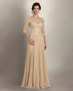 Champagne 3/4-Sleeve Lace and Pleated Chiffon Mother of the Bride Gown