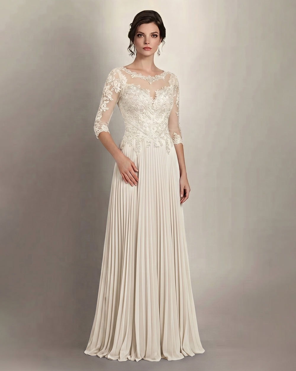 3/4-Sleeve Lace and Pleated Chiffon Mother of the Bride Gown