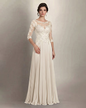 Ivory 3/4-Sleeve Lace and Pleated Chiffon Mother of the Bride Gown