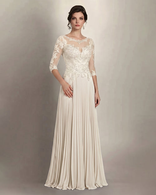 Ivory 3/4-Sleeve Lace and Pleated Chiffon Mother of the Bride Gown