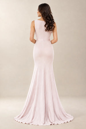 Blushing Pink Boat-Neck Stretch Jersey Mermaid Bridesmaid Dress