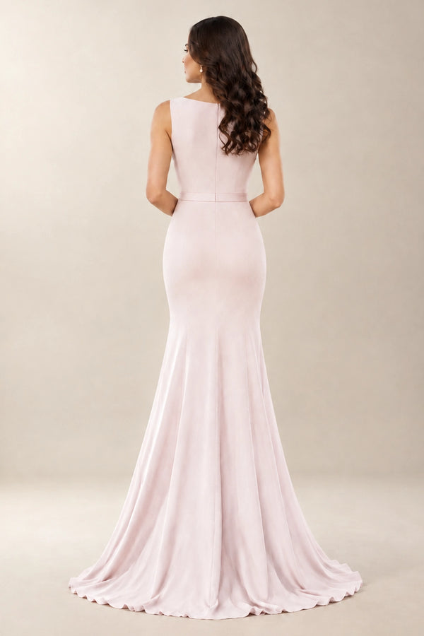 Blushing Pink Boat-Neck Stretch Jersey Mermaid Bridesmaid Dress