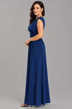 Blue Ruched Surplice Stretch Satin A-Line Evening Dress