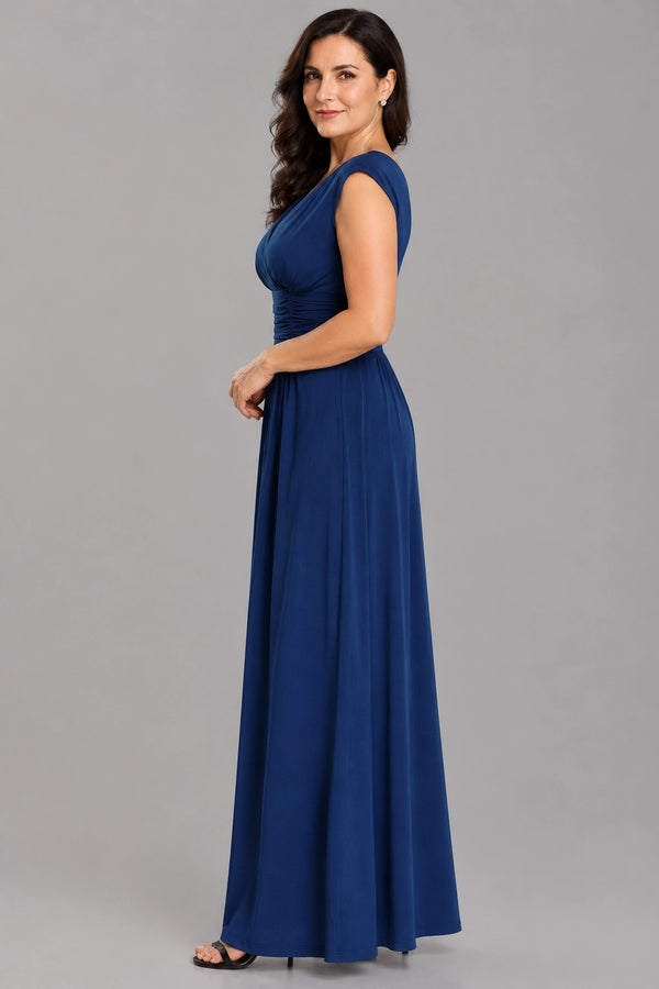 Blue Ruched Surplice Stretch Satin A-Line Evening Dress