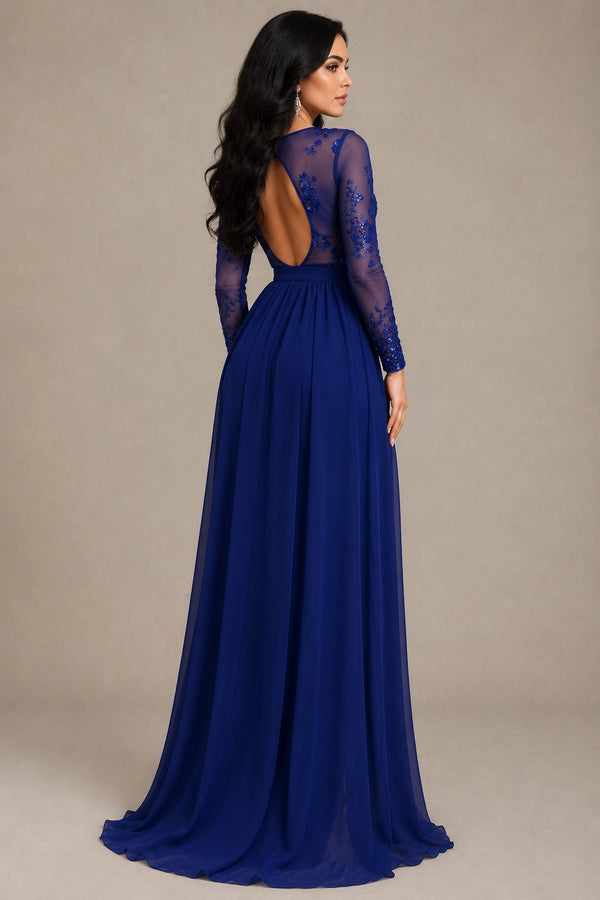 Royal Blue Long-Sleeve Keyhole-Back Lace and Chiffon Evening Dress with Slit