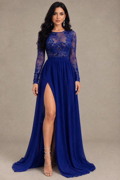 Royal Blue Long-Sleeve Keyhole-Back Lace and Chiffon Evening Dress with Slit