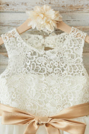 Ivory-Champagne Lace and Tulle A-Line Flower Girl Dress with Keyhole Back