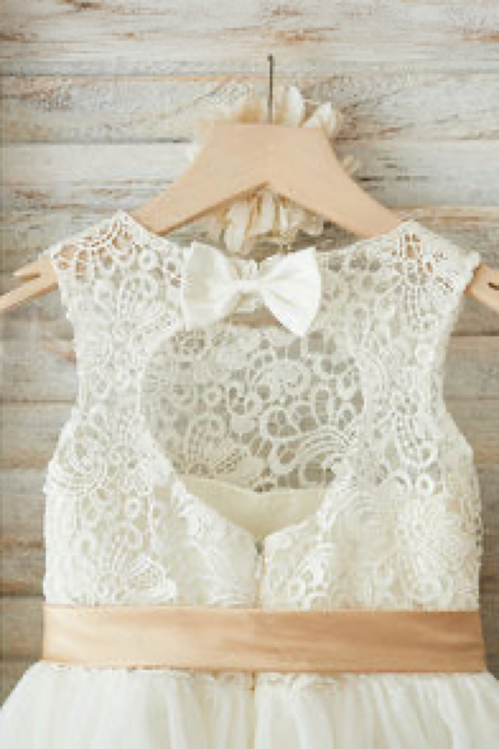 Ivory-Champagne Lace and Tulle A-Line Flower Girl Dress with Keyhole Back