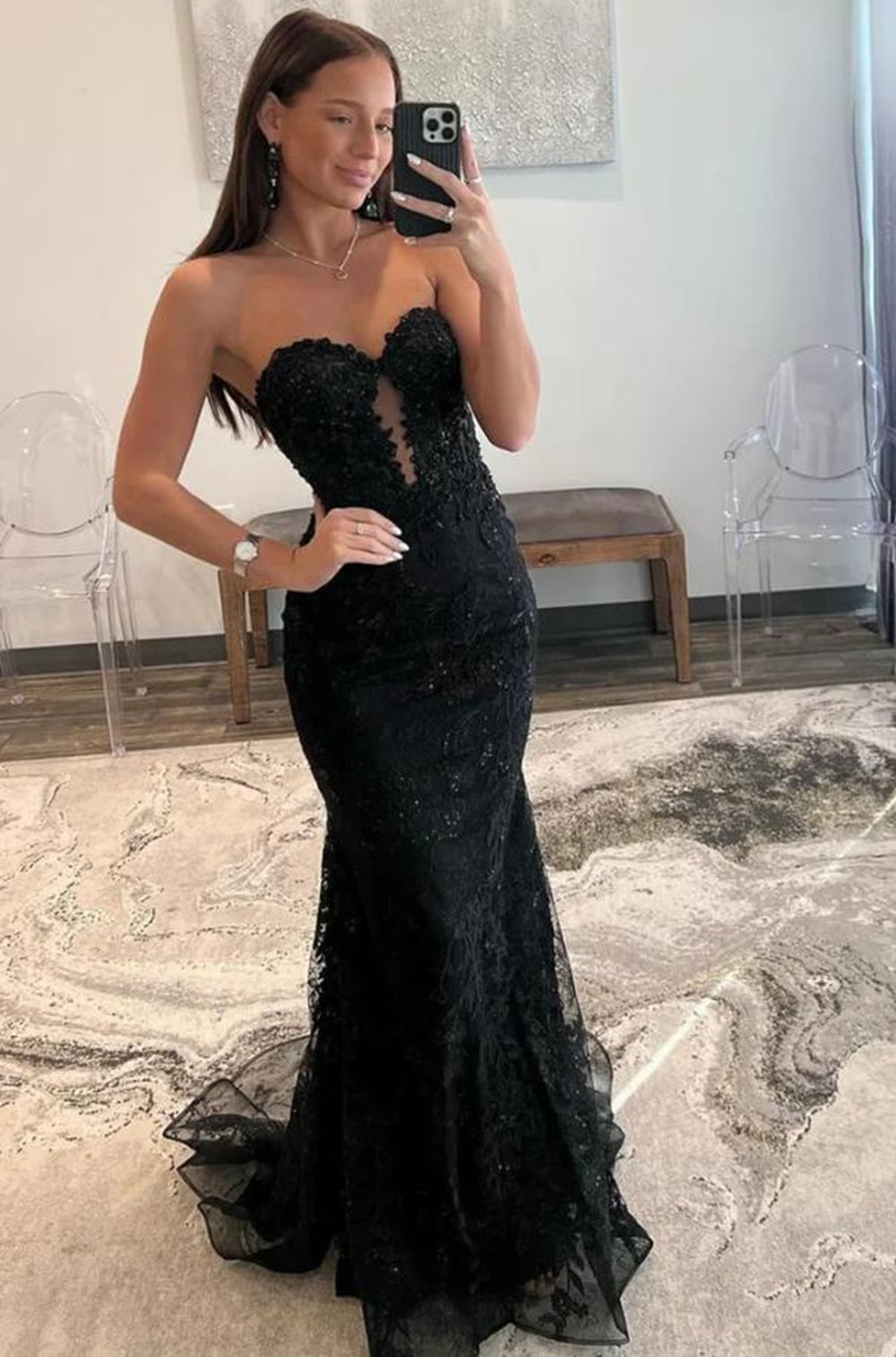 Black Tulle Sweetheart Neckline Lace Appliques Mermaid Prom Dress Main image