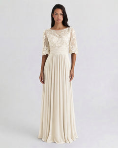 Ivory Bell-Sleeve Chiffon Mother of the Bride Dress with Lace Bodice