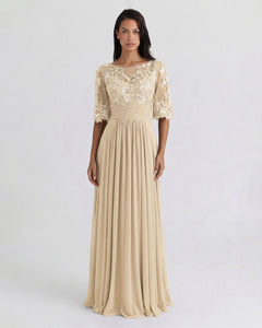 Champagne Bell-Sleeve Chiffon Mother of the Bride Dress with Lace Bodice