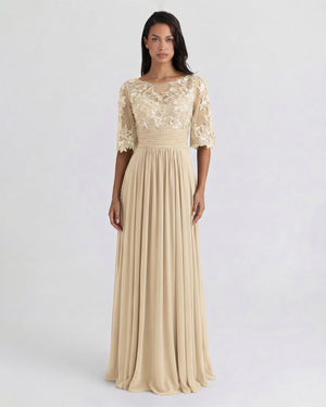 Bell-Sleeve Chiffon Mother of the Bride Dress with Lace Bodice