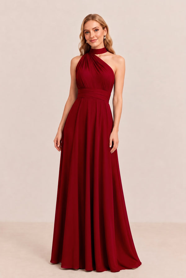 Burgundy Convertible Stretch Jersey A-Line Bridesmaid Dress