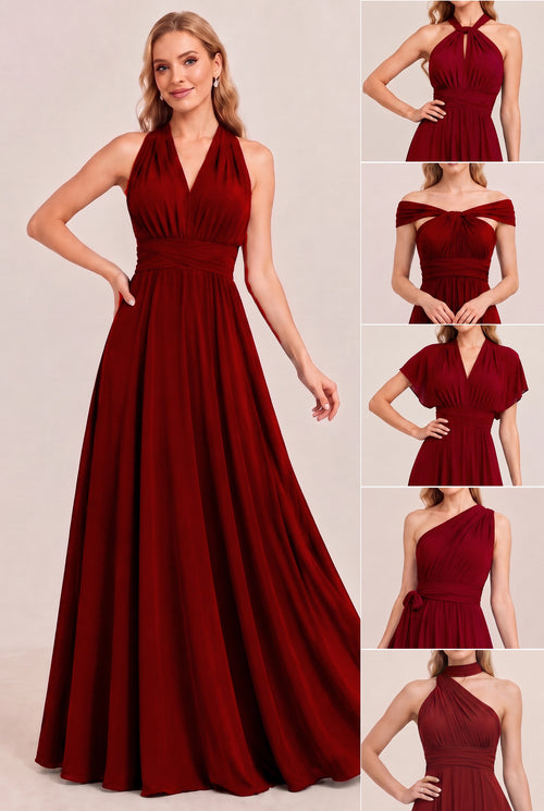Burgundy Convertible Stretch Jersey A-Line Bridesmaid Dress