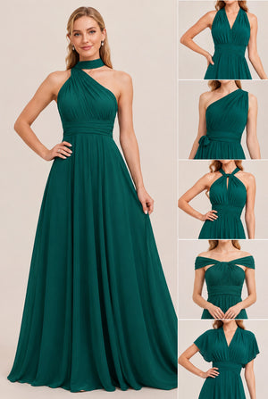 Dark Green Convertible Stretch Jersey A-Line Bridesmaid Dress