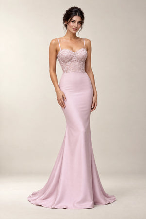 Blushing Pink Lace and Matte Satin Mermaid Bridesmaid Dress with Lace-Inset Train