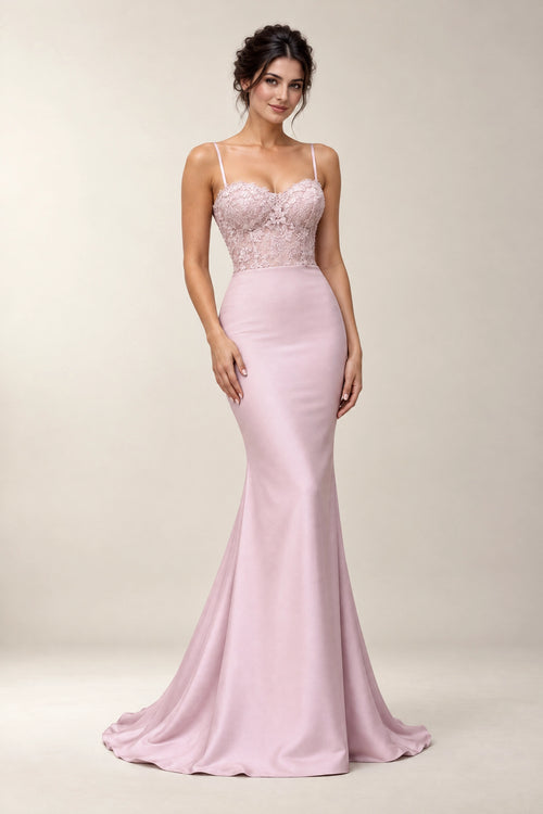 Blushing Pink Lace and Matte Satin Mermaid Bridesmaid Dress with Lace-Inset Train