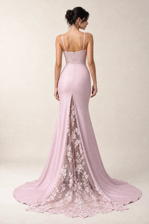 Blushing Pink Lace and Matte Satin Mermaid Bridesmaid Dress with Lace-Inset Train