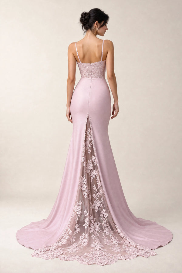 Blushing Pink Lace and Matte Satin Mermaid Bridesmaid Dress with Lace-Inset Train