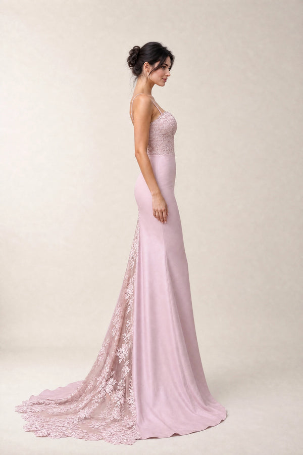 Blushing Pink Lace and Matte Satin Mermaid Bridesmaid Dress with Lace-Inset Train