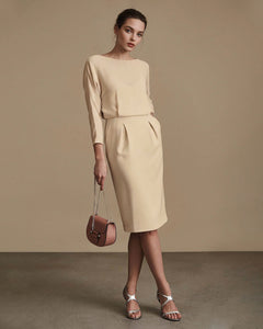 Champagne 3/4-Sleeve Chiffon Sheath Cocktail Dress with Twisted Back Cutout