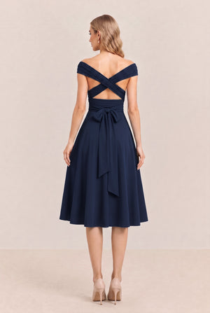 Navy Convertible Stretch Jersey A-Line Cocktail Dress