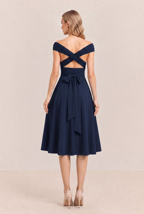 Navy Convertible Stretch Jersey A-Line Cocktail Dress