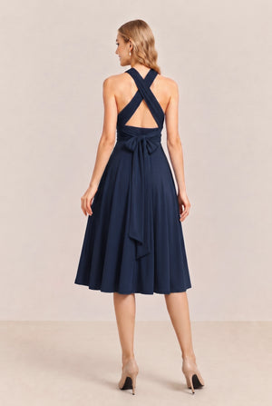 Navy Convertible Stretch Jersey A-Line Cocktail Dress