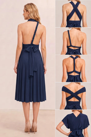 Navy Convertible Stretch Jersey A-Line Cocktail Dress