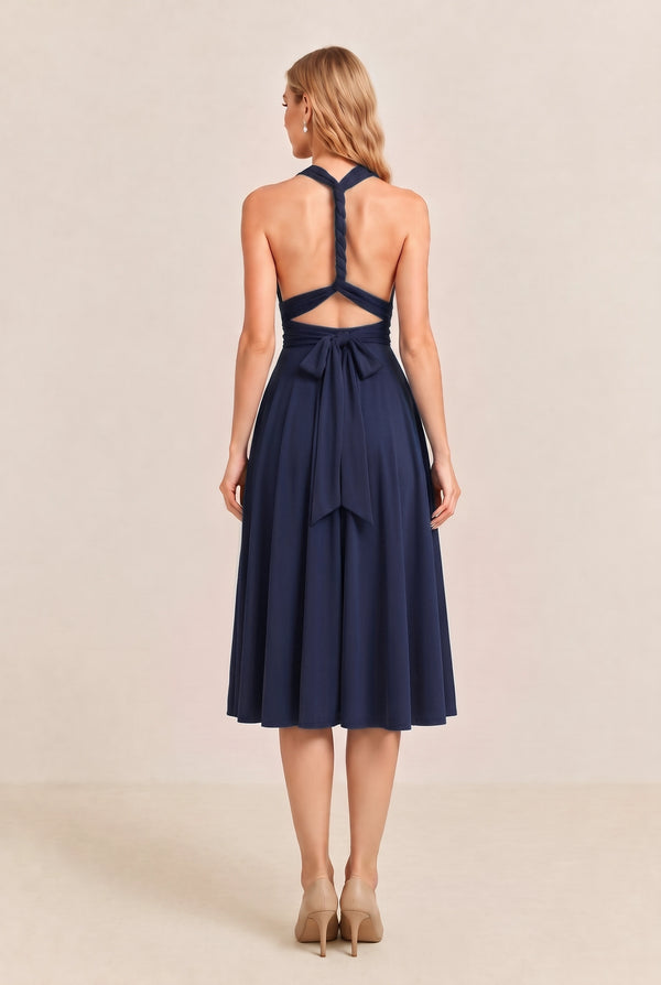 Navy Convertible Stretch Jersey A-Line Cocktail Dress
