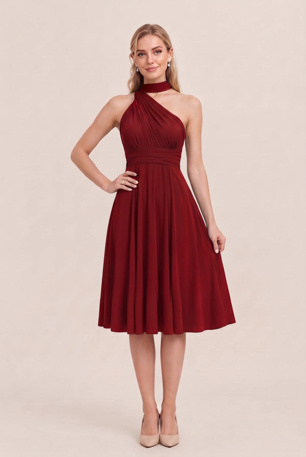 Burgundy Convertible Stretch Jersey A-Line Cocktail Dress
