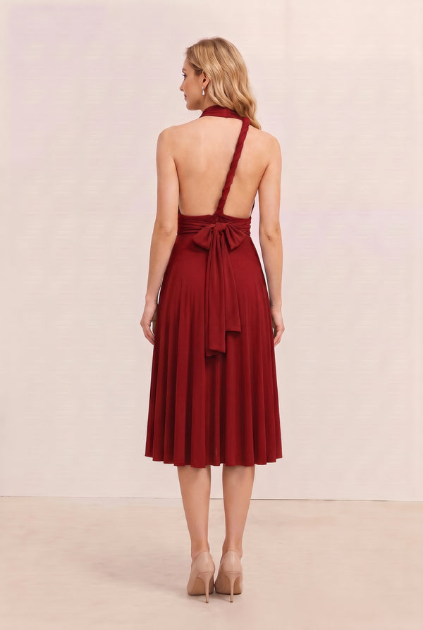 Burgundy Convertible Stretch Jersey A-Line Cocktail Dress
