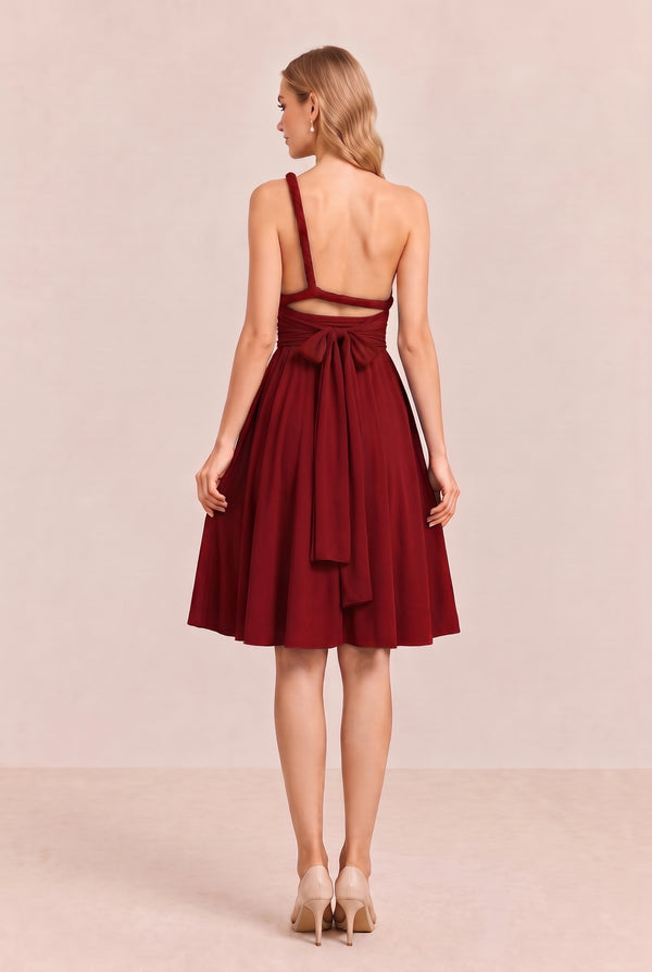 Burgundy Convertible Stretch Jersey A-Line Cocktail Dress