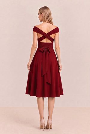 Burgundy Convertible Stretch Jersey A-Line Cocktail Dress