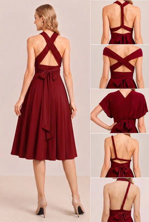 Burgundy Convertible Stretch Jersey A-Line Cocktail Dress